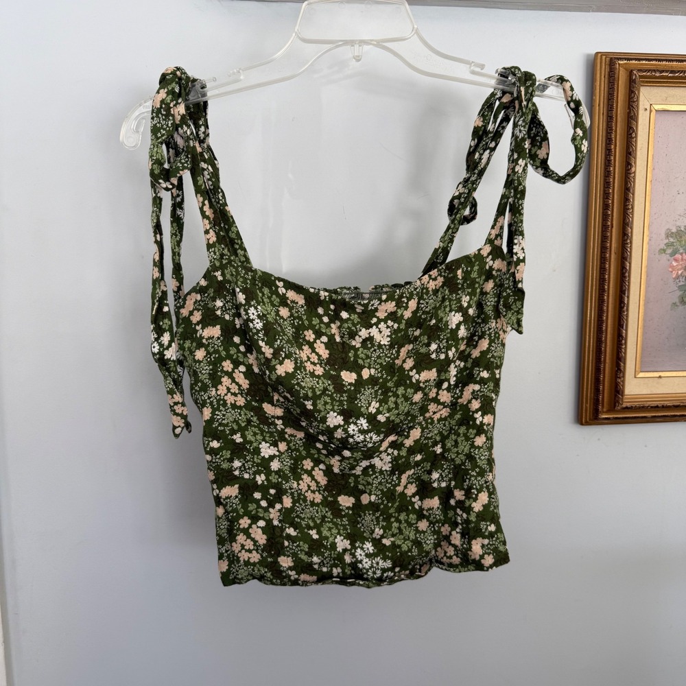 Reformation Ellora Green Floral Tie Strap Smocked Top Size 6 Ditsy - Picture 4 of 6